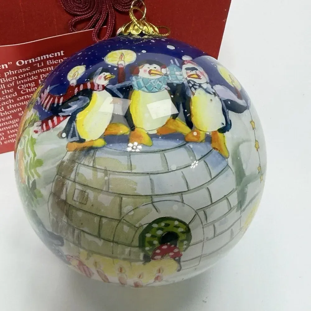 Pier 1 Li Bien Penguins Merry Bright Glass Christmas Ornament 4